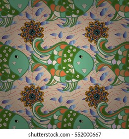 Nautical pattern inspired by tropical fish in dim tropical green color. Radial gradient shape.