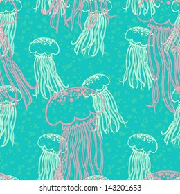 Nautical pattern inspired with jellyfishes on bright blue. Texture for web, print, wallpaper, home decor, spring summer fashion fabric, textile, invitation or website background. Marine set.