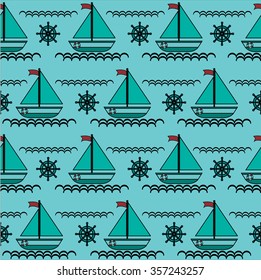 Nautical pattern inspired with small boats on waves. Texture for web, print, wallpaper, home decor, spring summer fashion fabric, textile, invitation or website background. Marine set.
