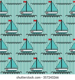 Nautical pattern inspired with small boats on waves. Texture for web, print, wallpaper, home decor, spring summer fashion fabric, textile, invitation or website background. Marine set.
