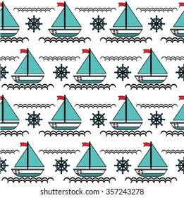 Nautical pattern inspired with small boats on waves. Texture for web, print, wallpaper, home decor, spring summer fashion fabric, textile, invitation or website background. Marine set.
