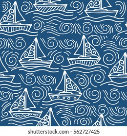 Nautical pattern inspired with small boats on waves. Texture for web, print, wallpaper, home decor, spring summer fashion fabric, textile, invitation for website background.