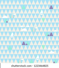 Nautical pattern with lighthouses, ships, clouds and mountains on geometric triangles background. For baby shower invitation, birthday card, scrapbooking, linen, clothes and pajamas, web page.
