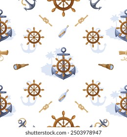 Nautical Pattern with Marine Elements on White Background. Vector illustration