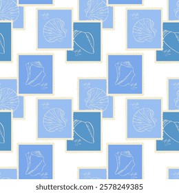 Nautical pattern with sea stamps with  seashell, in blue tones. Hand drawn contour seashells. Design for fashion, fabrics, textiles, wallpaper, packaging and all prints