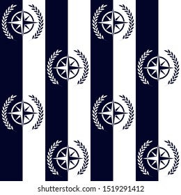 Nautical pattern, Seamless vector illustration with rose of wind and leaf wreath, high-contrast image
