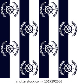 Nautical pattern, Seamless vector illustration with ship steering wheel and leaf wreath, high-contrast image