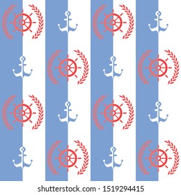 Nautical pattern, Seamless vector illustration with ship steering wheel and leaf wreath, anchor