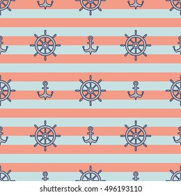 Nautical pattern, Seamless vector illustration with wheels and anchors, striped background