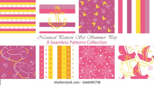 Nautical Pattern Set inspired by adventures on the seas. Summer Pop color palette. Anchor, ship wheel, telescope, crab... It fits any surface you like, T-Shirt, Wall Coverings, Bed Linen, Wrapping Pap