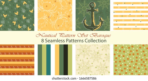 Nautical Pattern Set inspired by adventures on the seas. Baroque color palette. Anchor, ship wheel, telescope, crab ... It fits any surface you like, T-Shirt, Wall Coverings, Bed Linen, Wrapping Paper