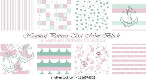 Nautical Pattern Set inspired by adventures on the seas. Mint Blush color palette. Anchor, ship wheel, telescope, crab... It fits any surface you like, T-Shirt, Wall Coverings, Bed Linen, Wrapping Pap