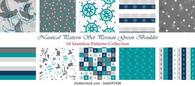Nautical Pattern Set inspired by adventures on the seas. Persian Green Boulder color palette. Anchor, ship wheel, telescope, crab... It fits any surface you like, T-Shirt, Wall Coverings, Bed Linen, W