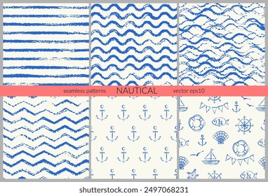 Patrón náutico con rayas, olas, anclas, chevron, zigzag, barco, concha, pescado, rueda. Fondo gruñón en color azul marino. Verano, playa, texturas infantiles.