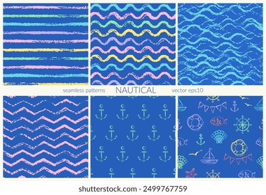 Patrón náutico con rayas, olas, anclas, chevron, zigzag, barco, concha, pescado, rueda. Fondo gruñón sobre color azul. Verano, playa, texturas infantiles.