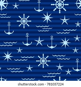 nautical pattern in shades of blue, vector illustration. white objects on a blue background
