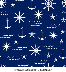 nautical pattern in shades of blue, vector illustration. white objects on a blue background
