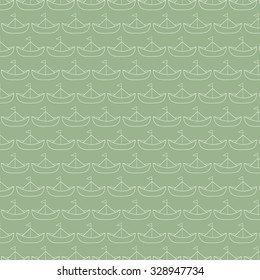 Nautical pattern with small sailing boats, Green background. Vector illustration