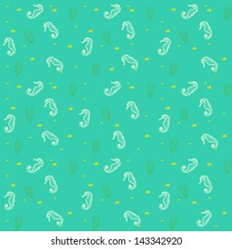 Nautical pattern with small seahorses, fishes and weeds. Texture for web, print, wallpaper, wrappings, home decor, spring summer fashion fabric, textile, invitation or website background. Marine set.