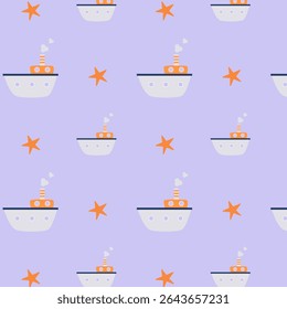 Nautical pattern with small steamers on a blue background for children's clothing and textiles