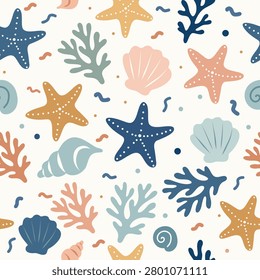 Nautical pattern. Underwater pattern. Seamless beach pattern with shells, starfish, coral, seaweed, ocean elements. Vector summer design for textiles, wrapping paper, wallpaper, packaging, decor