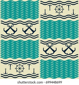 Nautical pattern with waves, anchors and ship steering wheels. Marine theme vector print in retro color palette