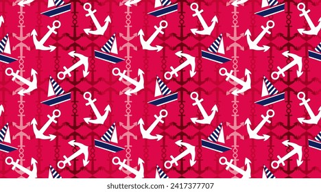 Nautical pattern with white anchors and cute boats red textured summertime background