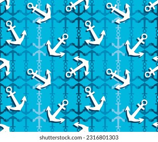 Nautical pattern with white anchors on deep blue textured summertime background