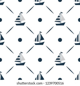 Nautical pattern, yacht silhouette on wave, travel adventure vector illustration