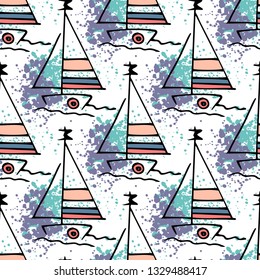 Nautical pattern yachts silhouette on wave. Light summer sports seamless pattern. Marine icon sketch splash ink. Ship, sailboat nautical. Prints Retro sailing transport. Infinitely repeating motif.