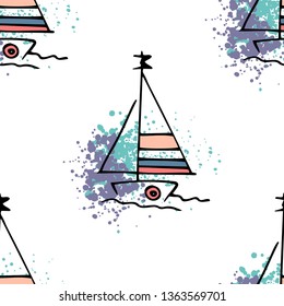 Nautical pattern yachts silhouette on wave. Light summer sports seamless pattern. Marine icon sketch splash ink. Ship, sailboat nautical. Prints Retro sailing transport. Infinitely repeating motif.