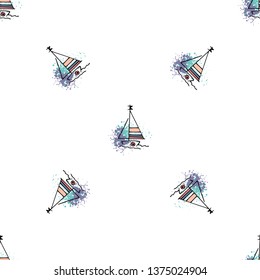 Nautical pattern yachts silhouette on wave. Light summer sports seamless pattern. Marine icon sketch splash ink. Ship, sailboat nautical. Prints Retro sailing transport. Infinitely repeating motif.