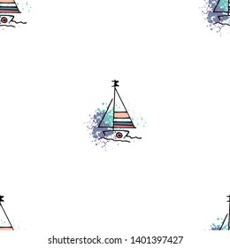 Nautical pattern yachts silhouette on wave. Light summer sports seamless pattern. Marine icon sketch splash ink. Ship, sailboat nautical. Prints Retro sailing transport. Infinitely repeating motif.