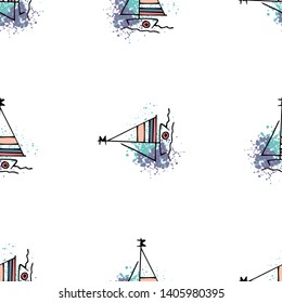 Nautical pattern yachts silhouette on wave. Light summer sports seamless pattern. Marine icon sketch splash ink. Ship, sailboat nautical. Prints Retro sailing transport. Infinitely repeating motif.