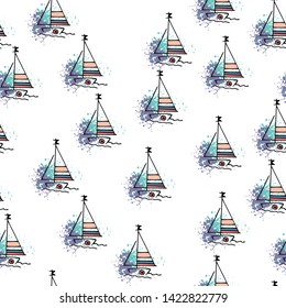 Nautical pattern yachts silhouette on wave. Light summer sports seamless pattern. Marine icon sketch splash ink. Ship, sailboat nautical. Prints Retro sailing transport. Infinitely repeating motif.