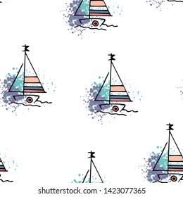 Nautical pattern yachts silhouette on wave. Light summer sports seamless pattern. Marine icon sketch splash ink. Ship, sailboat nautical. Prints Retro sailing transport. Infinitely repeating motif.
