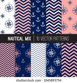 Nautical Patterns with Anchors, Compasses and Chevron. Navy Blue, Coral Pink and White Marine Theme Backgrounds. Pastel Colors. Vector Repeating Pattern Tile Swatches Included.
