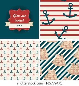 Nautical patterns and invitation. Sea life theme
