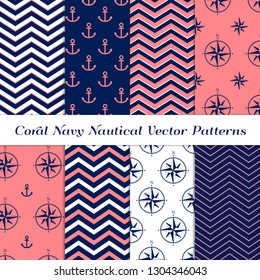 Patrones náuticos en azul marino, rosa coral y chevron blanco, ángulos y brújulas. Antecedentes Temáticos De La Marina Girona. Se Incluyen Muestras De Nilo De Patrón De Repetición Del Vector.