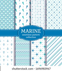 Nautical patterns. Set of sea seamless backgrounds with seahorses, anchors, starfish and abstract ornaments. Vector collection in blue, turquoise and white colors.