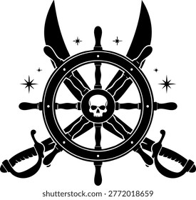 Nautical pirate logo featuring ship steering wheel. Central skull icon with crossed cutlass blades. Dark silhouette design for marine adventure theme.