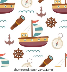 Nautical Pirated Kids Seamless Pattern with Sailboat, Spyglass, Compass and Anchor Illustration. Vector Cute Sea Background for Kids Fabric, Textile, Wrapping Paper, Nursery Design