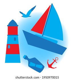 Nautical postcard in a circle - sea, seagull, ship, lighthouse, anchor, bottle. Vector blue and red.