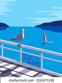 Nautical poster concept. Blue sea scenic view. Marine yacht sailing on blue water. Hand drawn cartoon retro style. Escape the city. Maritime vector Illustration of recreation on seashore background