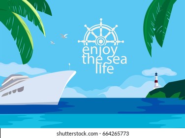 Nautical poster concept. Blue sea scenic view. Cruise ship sailing on blue water. Hand drawn cartoon retro style. Maritime vector Illustration of recreation in cruising tour. Seaside banner background