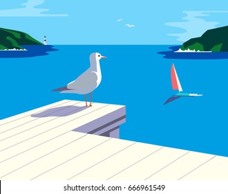 Nautical poster concept. Blue sea scenic view. Marine yacht sailing on blue water. Hand drawn cartoon retro style. Maritime vector Illustration of recreation on seashore. Seaside banner background