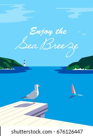 Nautical poster concept. Blue sea scenic view. Marine yacht sailing on blue water. Hand drawn cartoon retro style. Maritime vector Illustration of recreation on seashore. Seaside banner background