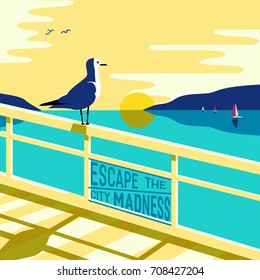 Nautical poster concept. Blue sea scenic view. Marine yacht sailing on blue water. Hand drawn cartoon retro style. Escape the city. Maritime vector Illustration of recreation on seashore background