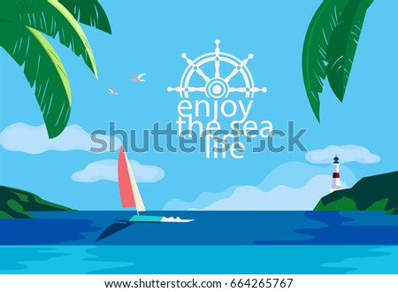 Nautical poster concept. Blue sea scenic view. Marine yacht sailing on blue water. Hand drawn cartoon retro style. Maritime vector Illustration of recreation on seashore. Seaside banner background