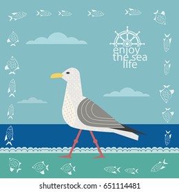 Nautical poster concept. Seagull on sandy beach. Freehand fancy cartoon style. Seaside retro vintage seashore vacation banner. Enjoy sea life emblem. Cute fishes frame. Vector background element